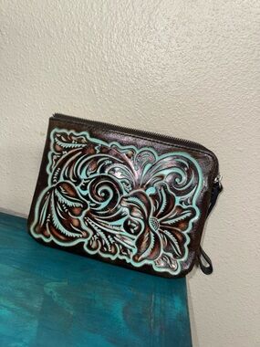 Patricia Nash Brown Leather Wristlet with Turquoise Tooled Accents